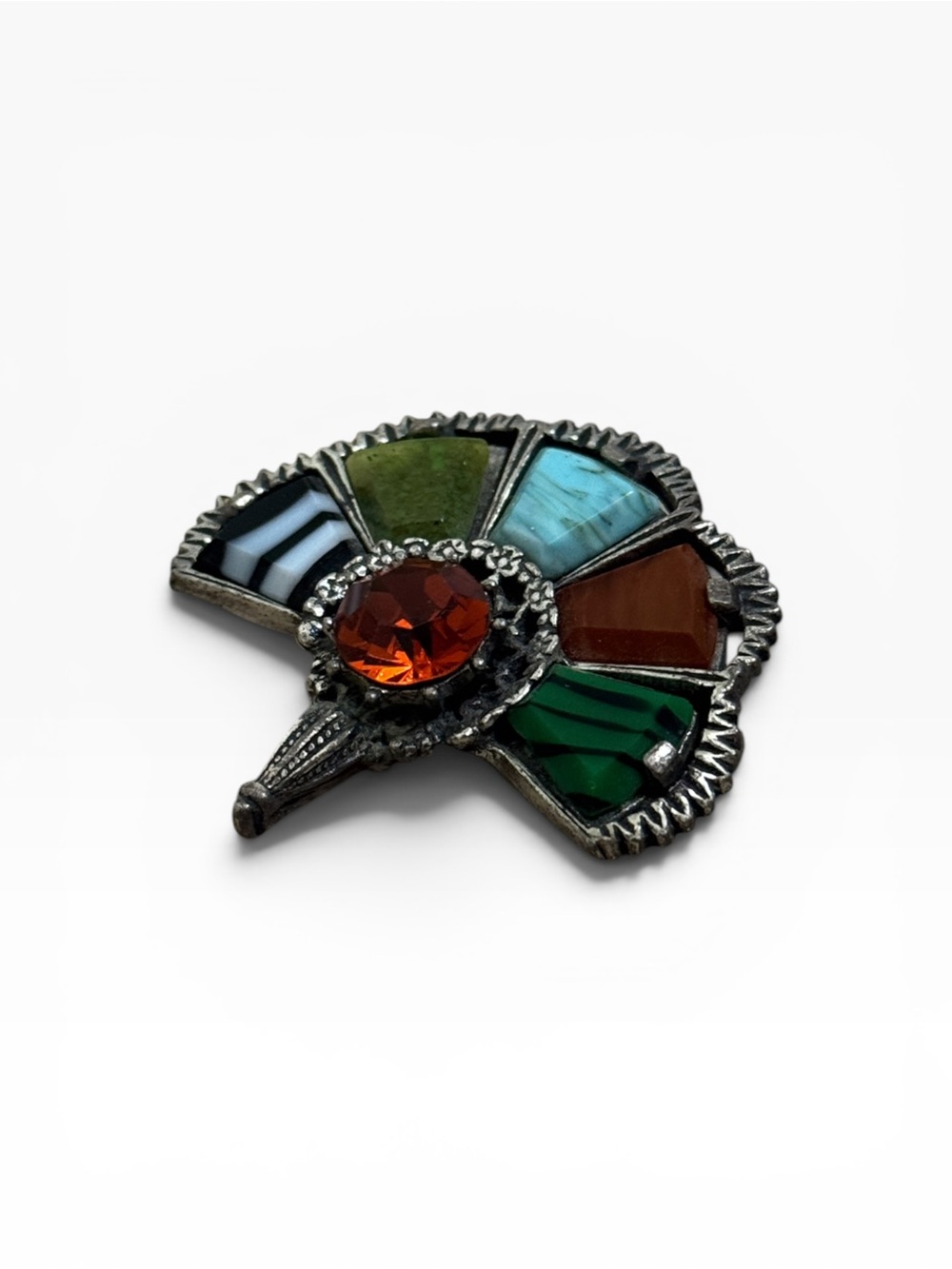 Vintage Signed MIRACLE Celtic Faux Stone Fan Brooch Pin Multi Stone